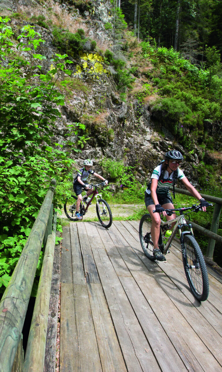 Zwei Radfahrer fahren über eine Holzbrücke in einer bewaldeten Landschaft im Schwarzwald.