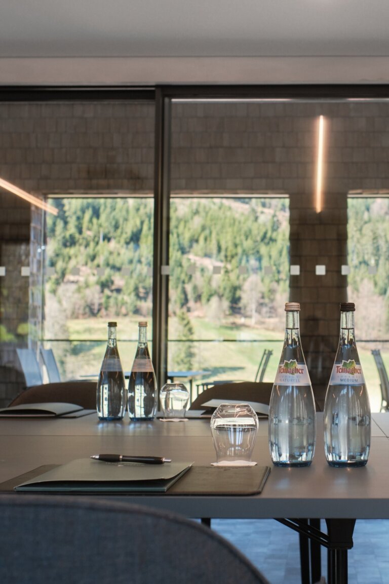 Konferenzraum mit einem Tisch, auf dem mehrere Glasflaschen mit Wasser stehen. Im Hintergrund sind grüne Bäume und ein Fenster sichtbar.