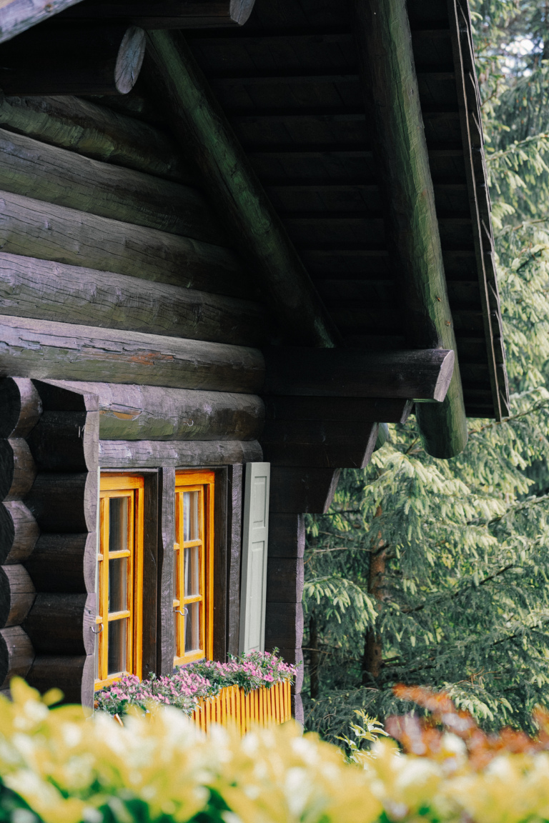 Detailaufnahme einer Blockhütte im Schwarzwald – traditionelle Holzkonstruktion mit Blumenkästen beim Traube Tonbach.