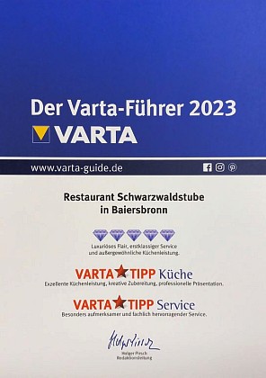 Traube Tonbach Schwarzwaldstube Varta 2022 Award Certificat Prix
