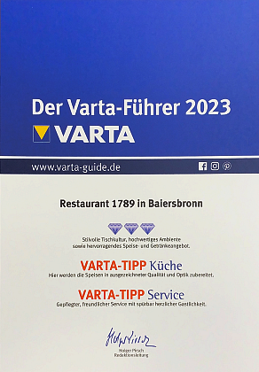 Traube Tonbach 1789 Varta 2022 Award Price Certificate