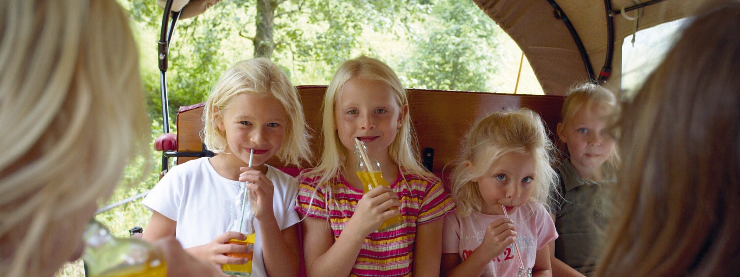 Kinder trinken in einem Wagen aus einer Flasche nahe dem Hotel mit Arrangements im Schwarzwald.