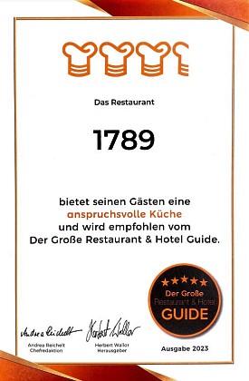 Urkunde des Großen Restaurant & Hotel Guides, die dem Restaurant 1789 verliehen wurde.